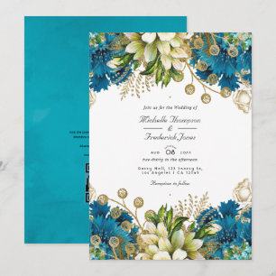 Invitación de boda floral chic vintage turquesa y 