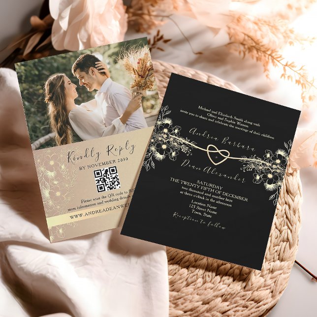 Invitación de Boda Floral Código QR Oro Negro (Subido por el creador)