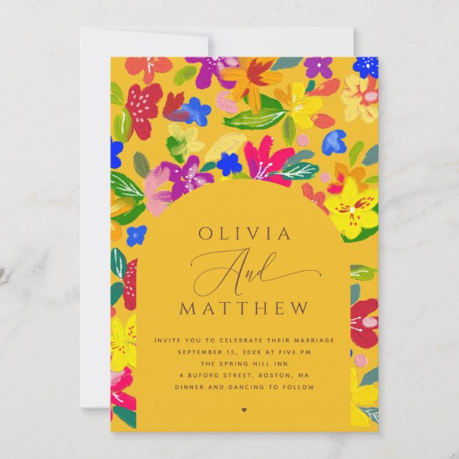 Invitación de Boda Floral Colorida | Arco Amarillo (Anverso)