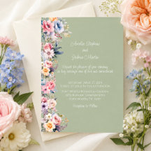 Invitación de boda floral colorida en verde salvia