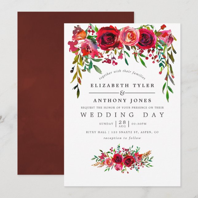 Invitación de boda floral con acuarela (Anverso / Reverso)