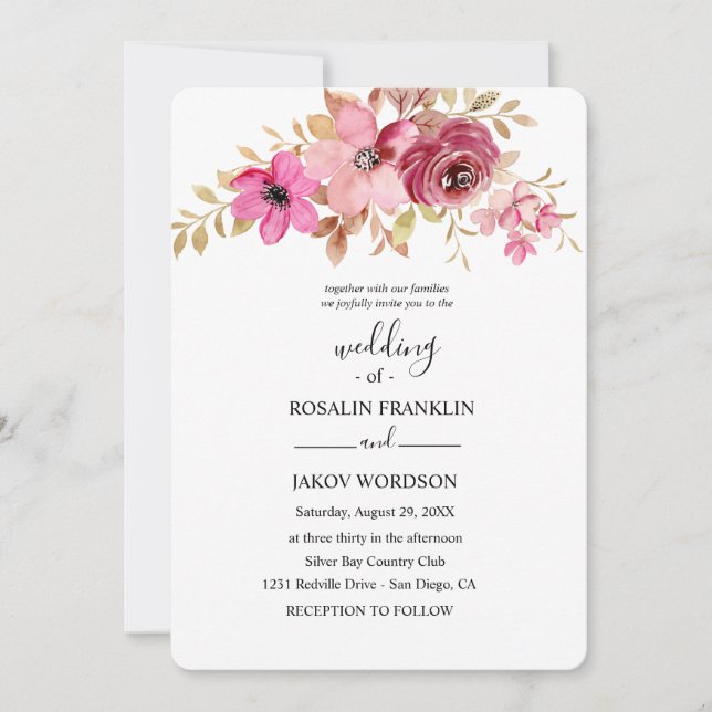 invitación de boda floral con acuarela (Anverso)
