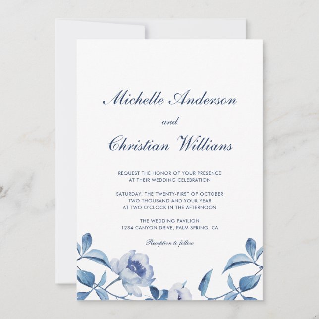 Invitación de boda floral con acuarela azul (Anverso)
