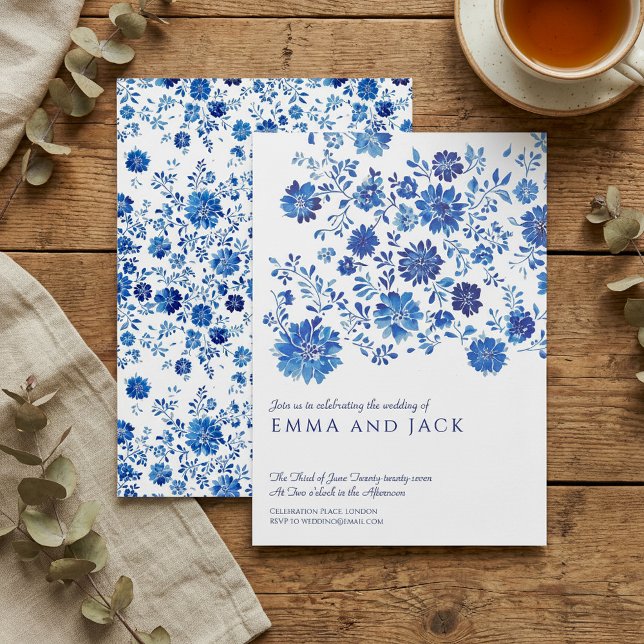 Invitación de boda floral con acuarela azul (Blue Watercolor Floral Wedding Invitation)