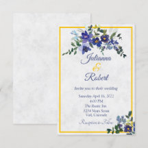 Invitación de boda floral con acuarela azul y amar