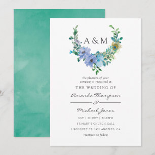 Invitación de boda floral con acuarela azul y ment