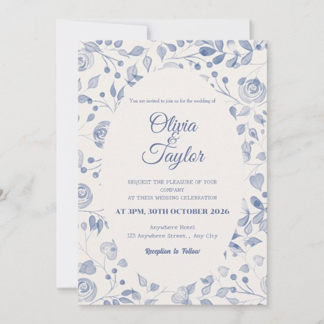 Invitación de Boda Floral con Acuarela de Azul Pol (Anverso)