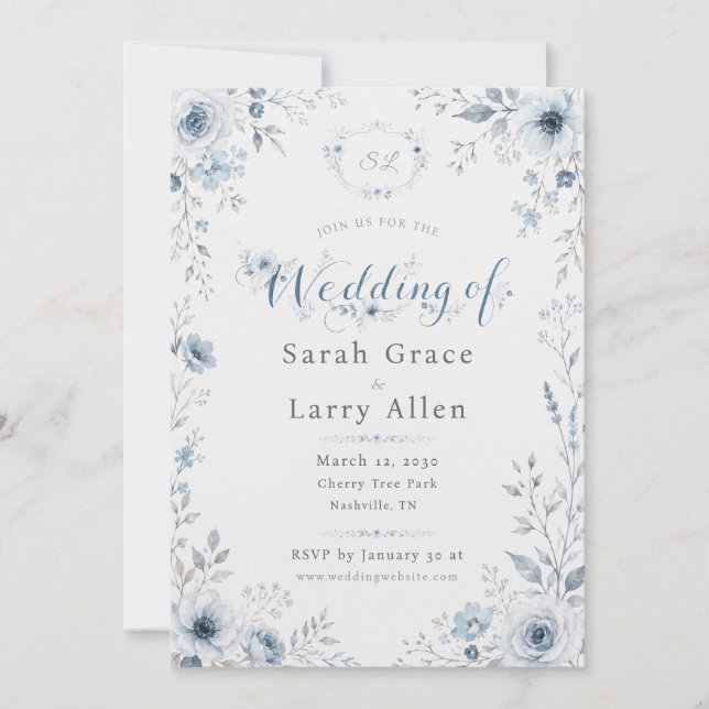 Invitación de Boda Floral con Acuarela de Azul Pol (Anverso)