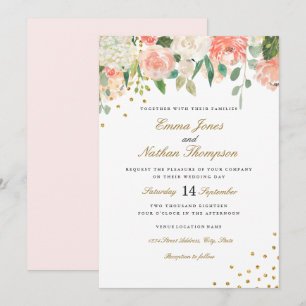 Invitación de boda floral con acuarela dorada melo