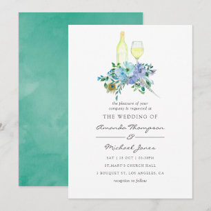 Invitación de boda floral con acuarela en azul y m