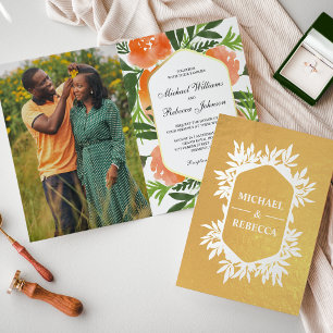 Invitación de boda floral con acuarela naranja y h
