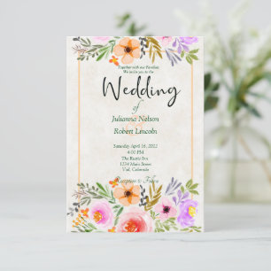 Invitación de boda floral con acuarela naranja y p