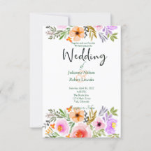 Invitación de boda floral con acuarela naranja y p