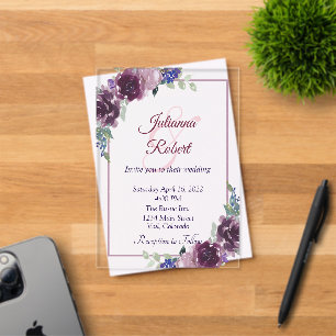 Invitación de boda floral con acuarela púrpura
