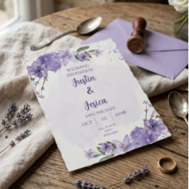 Invitación de boda floral con acuarela púrpura