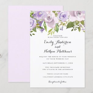 Invitación de boda floral con acuarela púrpura lil