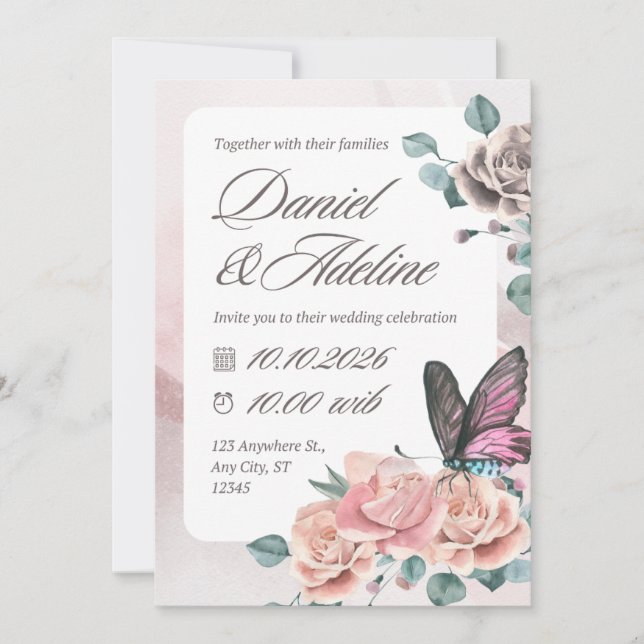 Invitación de boda floral con acuarela rosa (Anverso)
