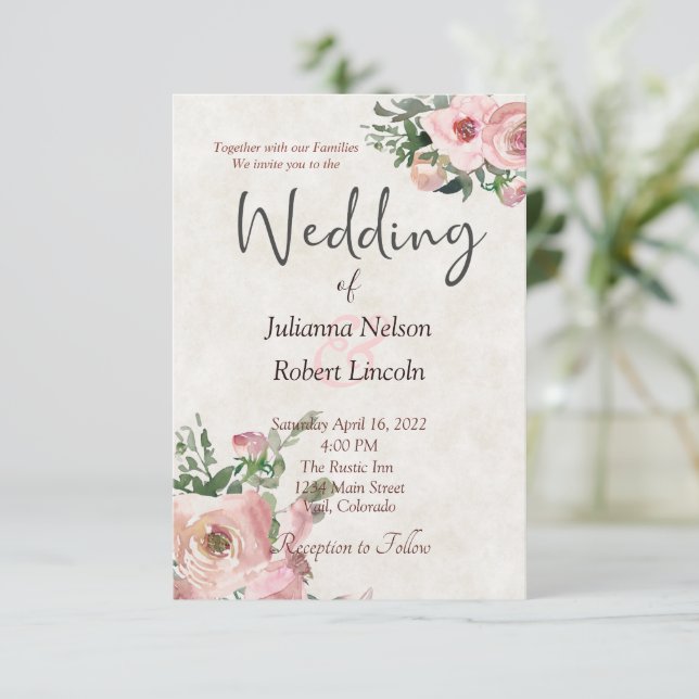 Invitación de boda floral con acuarela rosa (Anverso de pie)