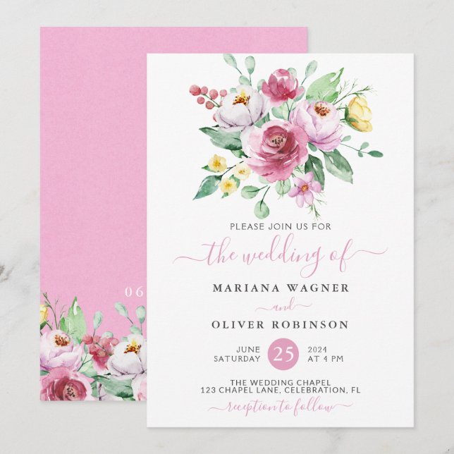 Invitación de boda floral con acuarela rosa (Anverso / Reverso)