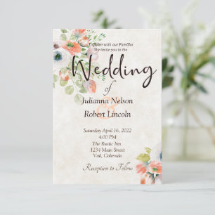 Invitación de boda floral con acuarela rosa y azul