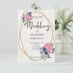 Invitación de boda floral con acuarela rosa y azul