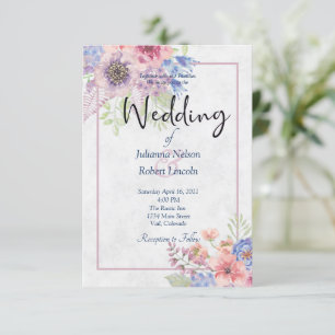 Invitación de boda floral con acuarela rosa y azul