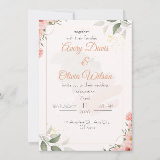 Invitación de boda floral con acuarela rosa y verd
