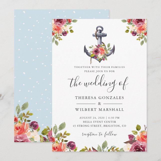 Invitación de boda floral con ancla náutica (Anverso / Reverso)