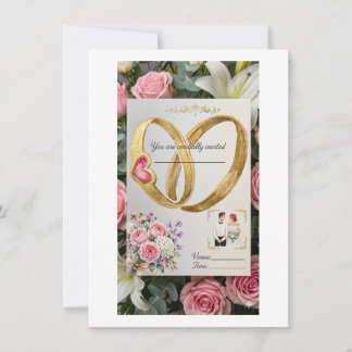 Invitación de Boda Floral con Anillos de Oro Entre