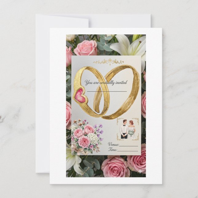 Invitación de Boda Floral con Anillos de Oro Entre (Anverso)