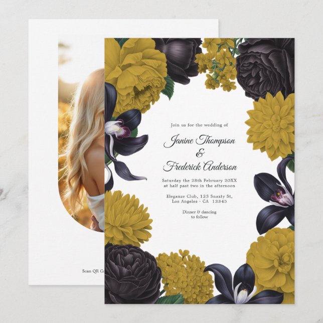 Invitación de boda floral con código QR y foto en  (Anverso / Reverso)