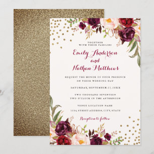 Invitación de boda floral con confeti de Borgoña
