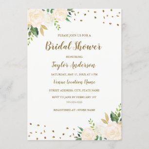 Invitación de boda floral con confeti dorado