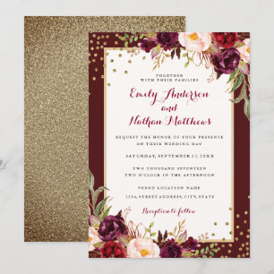 Invitación de boda floral con confeti dorado de Bo