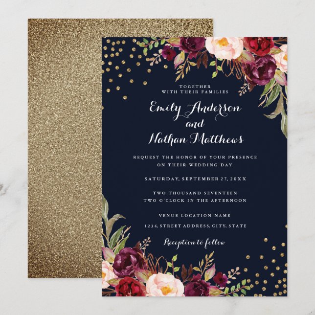 Invitación de boda floral con confeti dorado de Bo (Anverso / Reverso)
