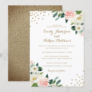 Invitación de boda floral con confeti dorado y rub