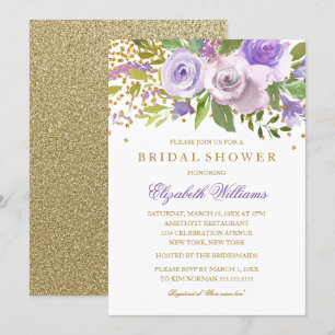 Invitación de boda floral con destellos de oro púr