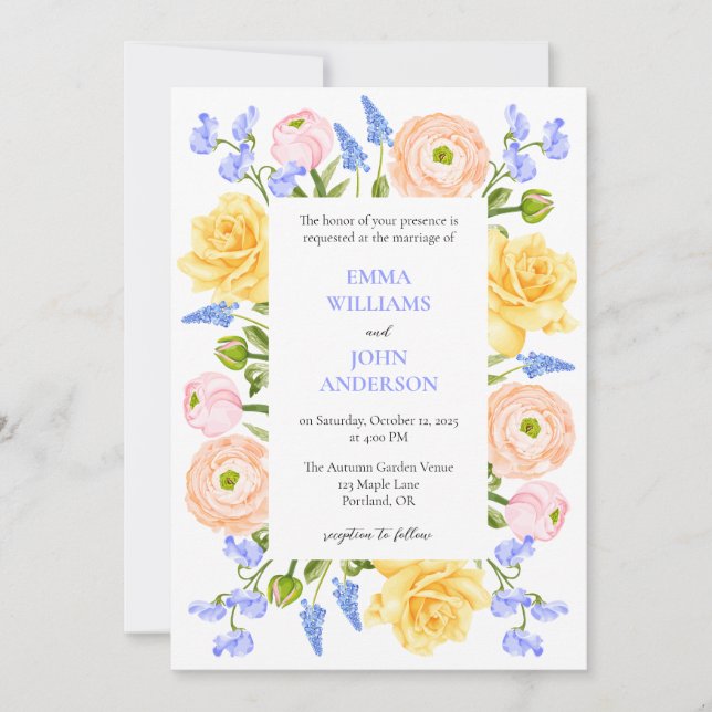 Invitación de boda floral con flores pastel (Anverso)