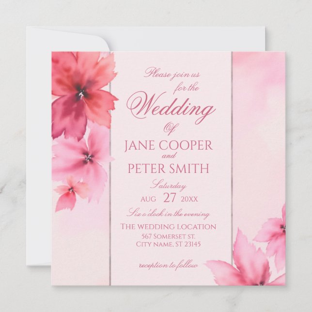 Invitación de boda floral con flores rosadas y roj (Anverso)