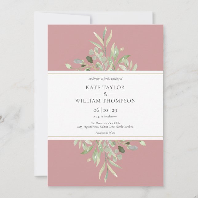 Invitación de boda floral con follaje de rosa polv (Anverso)