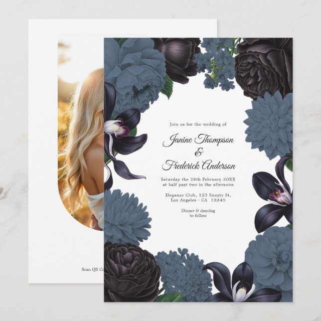 Invitación de boda floral con foto/código QR en ne (Anverso / Reverso)