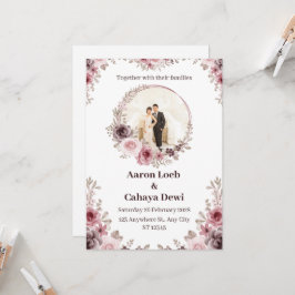 Invitación de boda floral con foto rosa y blanca