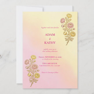 Invitación de boda floral con gradiente rosa y ama