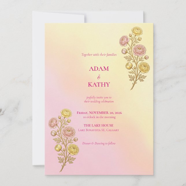 Invitación de boda floral con gradiente rosa y ama (Anverso)