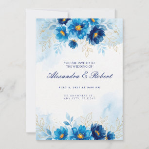 Invitación de boda floral con hoja de oro azul rea
