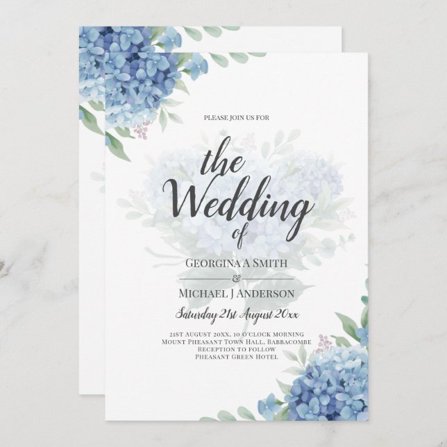 Invitación de Boda Floral con Hortensia Azul Moder (Anverso / Reverso)