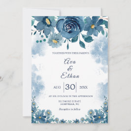 Invitación de boda floral con humo azul marino