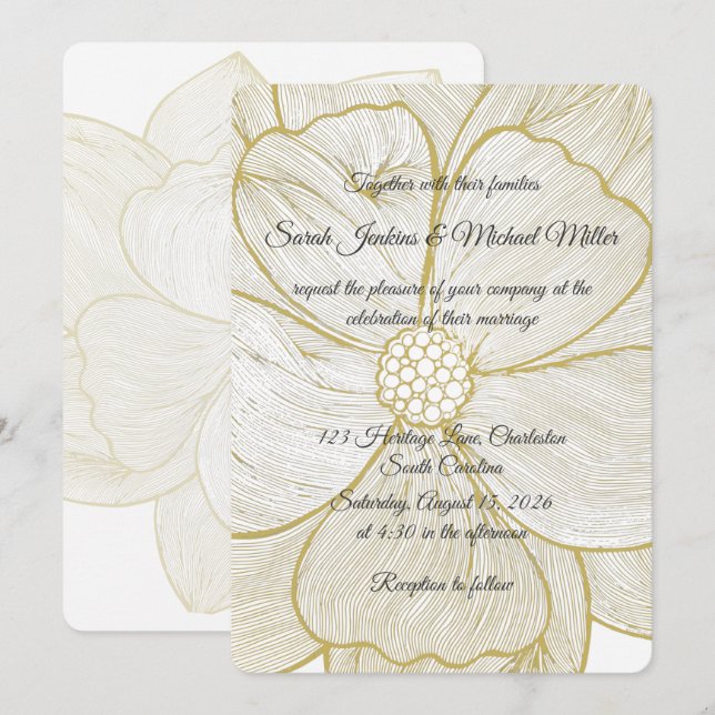 Invitación de Boda Floral con Línea de Oro Elegant (Anverso / Reverso)