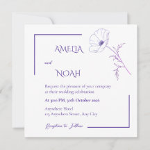 Invitación de boda floral con línea morada moderna