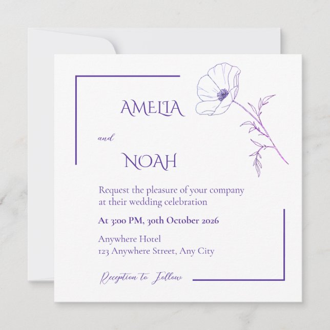 Invitación de boda floral con línea morada moderna (Anverso)